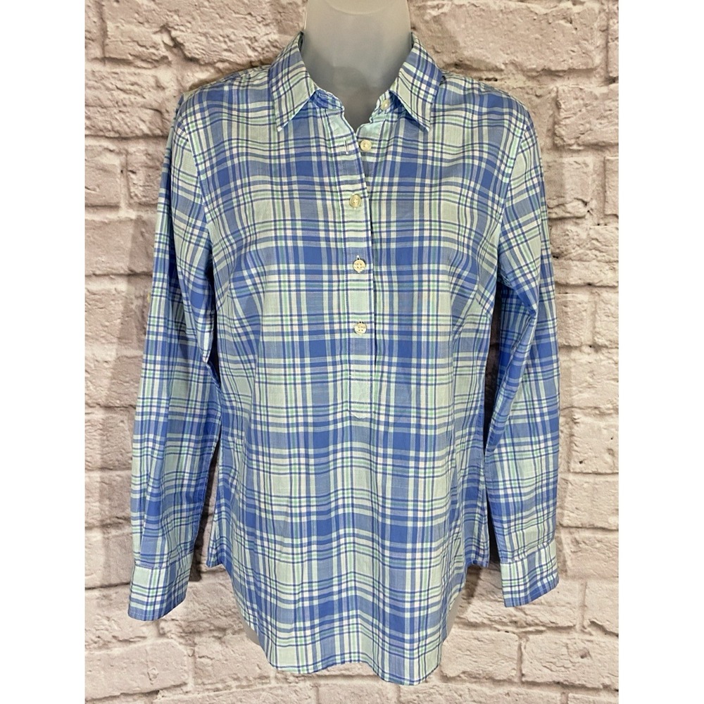 Vineyard Vines Popover Plaid Shirt Blouse Womens 2 Tab Sleeves Blue Half Button‎